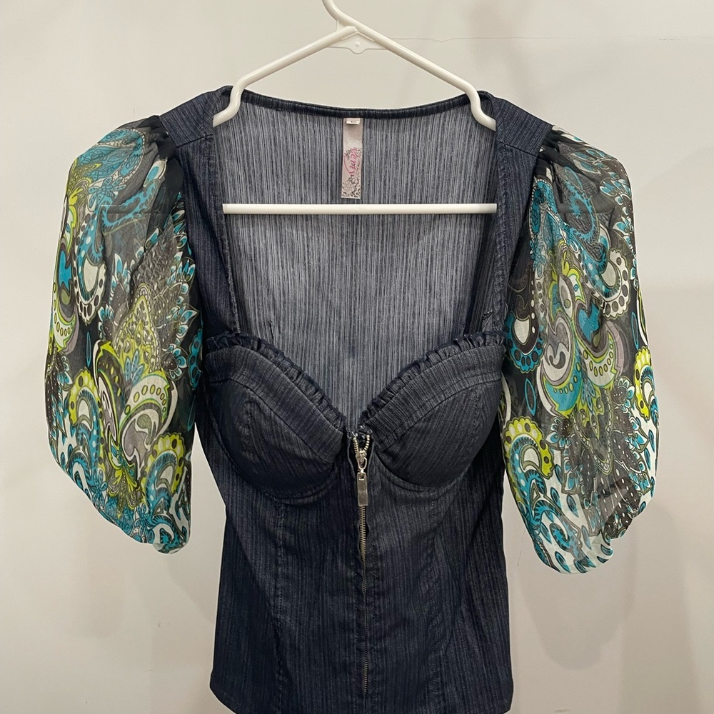Stylish Denim Top with Patterned Sleeves